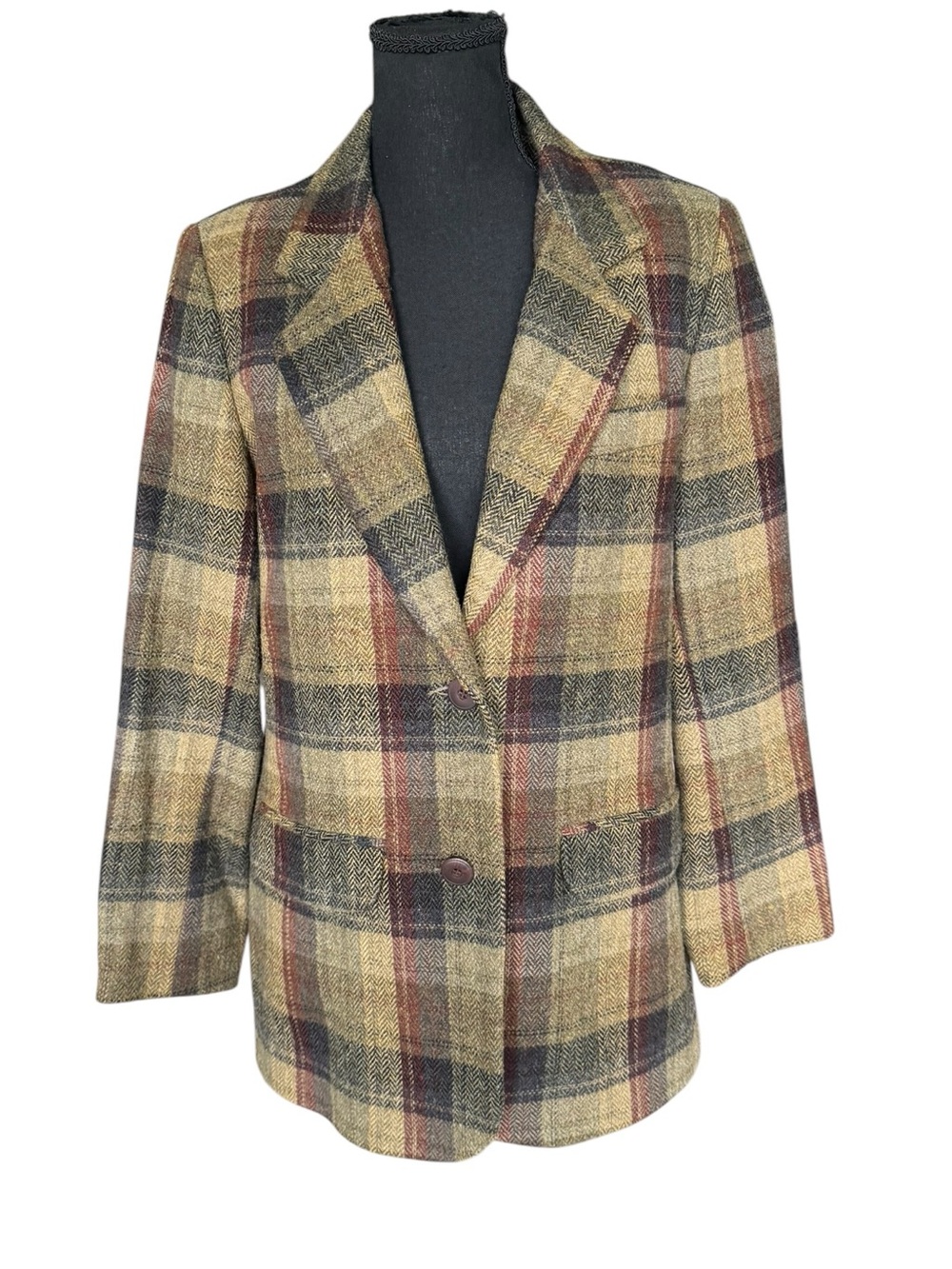 Vintage Eddie Bauer 100% Wool Plaid Blazer Jacket Small Dark Academia Equestrian - Picture 2 of 9